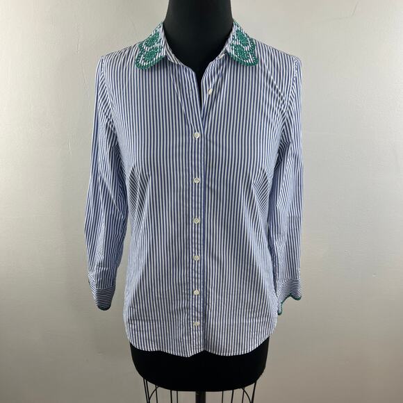 J.Crew Perfect Eyelet Trim Stripe Shirt Blue White Embroidered Button Down Sz 2 - Picture 4 of 10